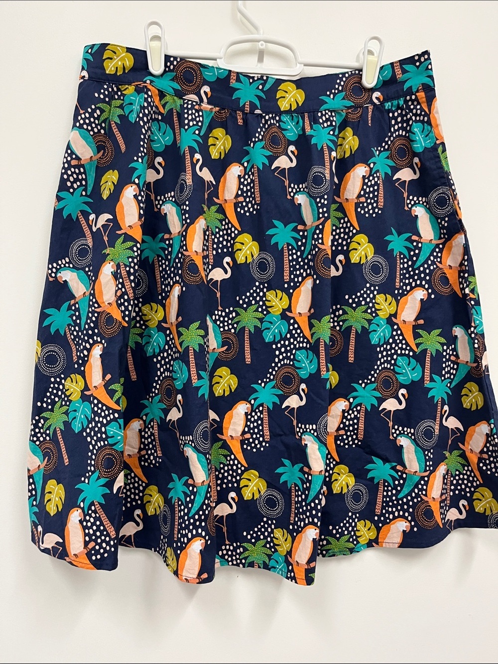 Retrolicious Navy Tropical Bird  Print Skirt with Teal and Coral Accents size XL